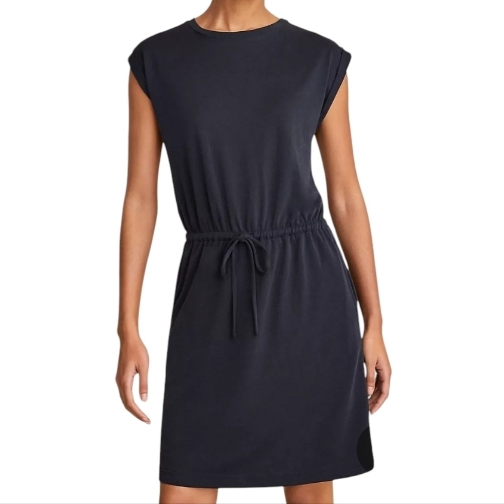 Loft | Women's Black Sandwashed Drawstring Short Sleeve Pocket Dress (Size XL)